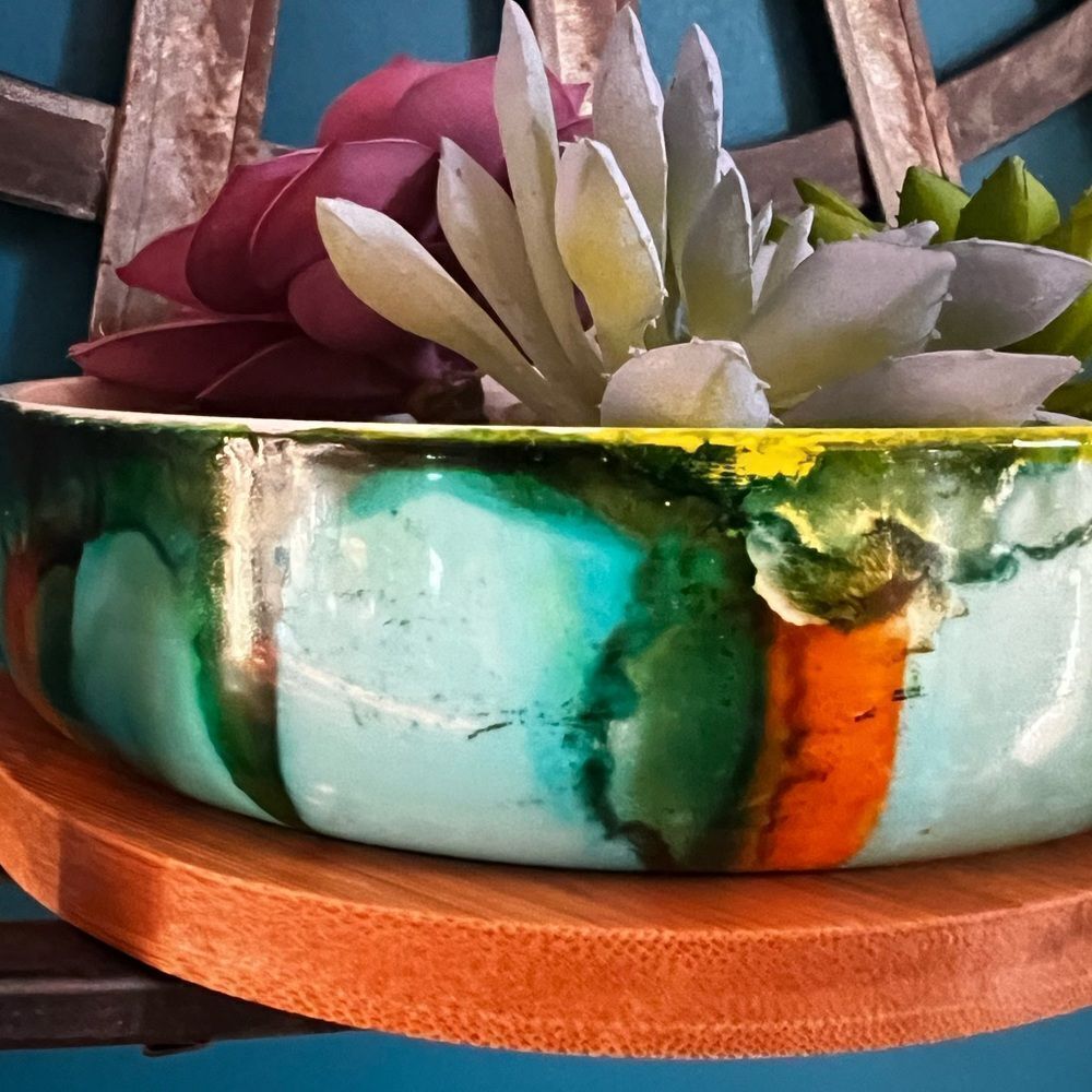 Hand-Painted Ceramic Succulent Planter with Bamboo Tray - Picture 7 of 7
